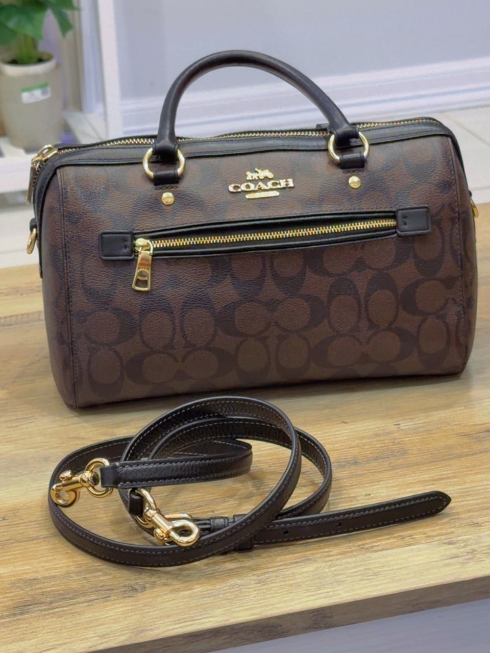 Coach Brown Signature Canvas Satchel with Gold Hardware